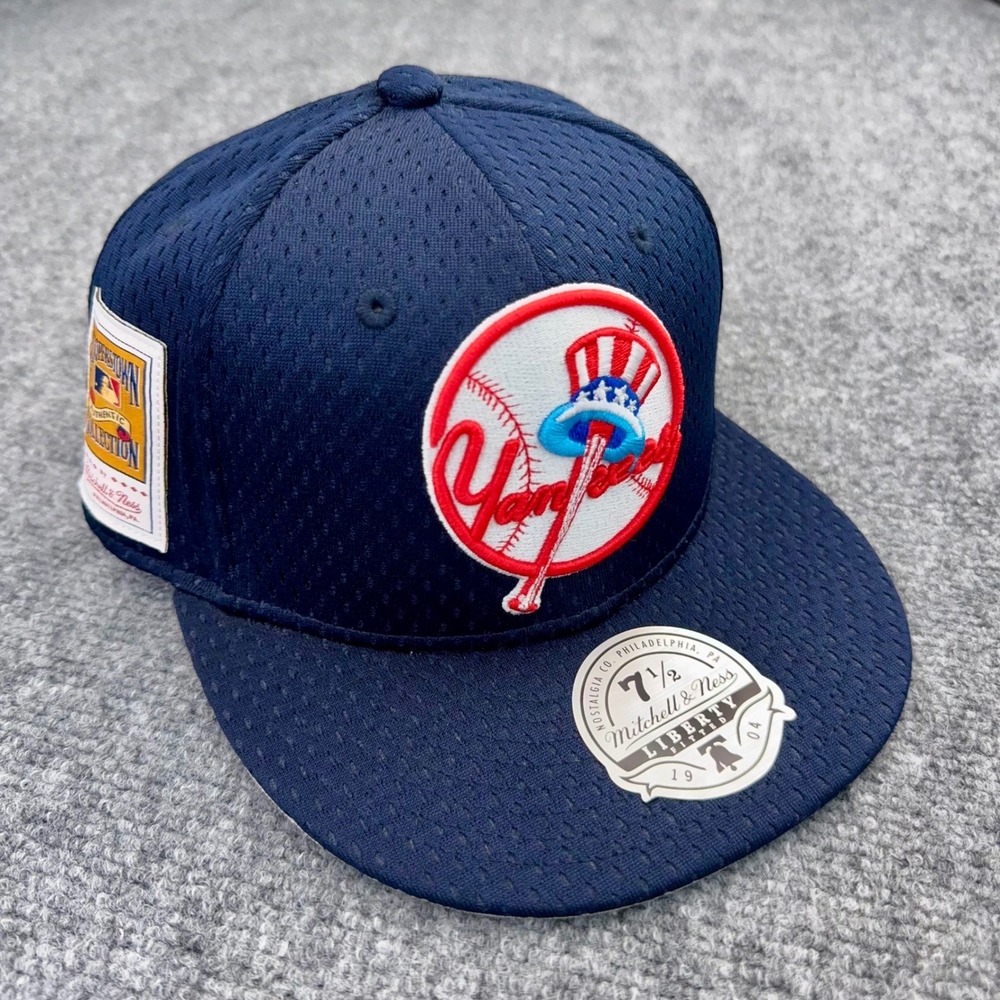 NY Yankees Hat Fitted 7 1/2 M&N Blue Mesh BP 75th Side Patch 3D Team Logo Cap